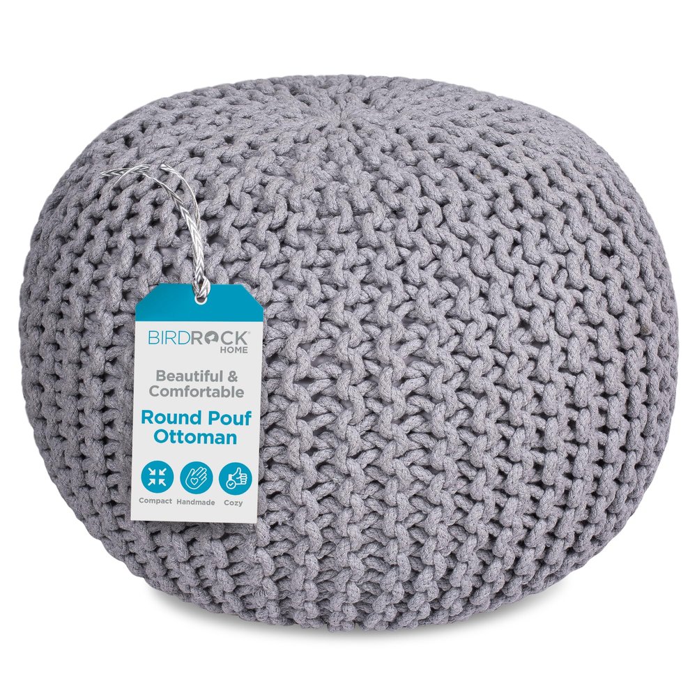 BIRDROCK HOME Round Pouf Ottoman | Cotton Braided Foot Stool with Bean Bag Filling | Boho Foot Rest for Living Room & Bedroom | Compact & Comfortable Seating, Lightweight & Soft | Light Grey