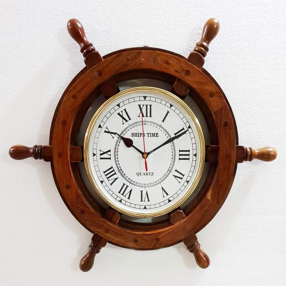 Antique Marine 18" Wooden Ship Wheel Clock Nautical Wall Clock Home Decor