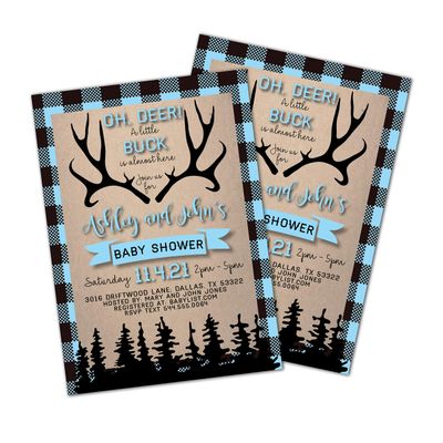 Oh Deer Baby Shower Invitations | Hunting Baby Shower Invitations | Antler Baby Shower | Deer | Elk | Little Buck | Blue Plaid | Hunter