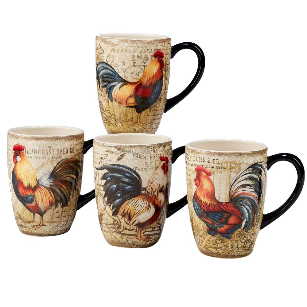 4 Piece Brown Ivory Rooster Themed Mug Set, Farm Animal Cups, Vintage Birds Unique Fancy Coffee Antique Dinnerware, Ceramic