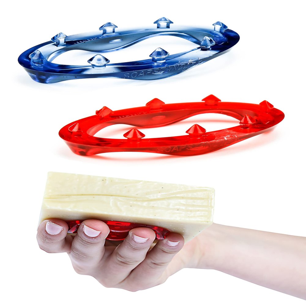 SoapStandle Bar Soap Gripper | No Goo or Mess Soap Holder for Bath and Showers | Non Slip Quick Dry Bar Soap Holder | Bathroom Accessories, Red and Blue - 2-Pack