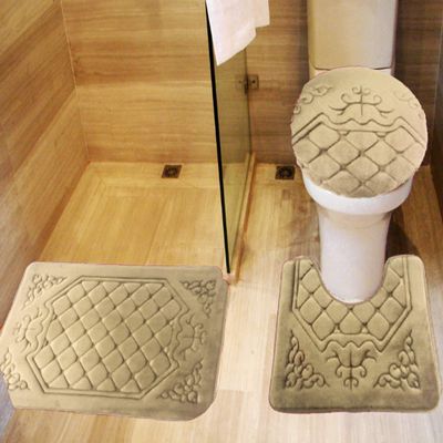 All American Collection 3PC Memory Foam Bath Mats Soft Plush Crown Design Anti-Slip Shower Bathroom Contour Toilet Lid Cover Rugs (Taupe)