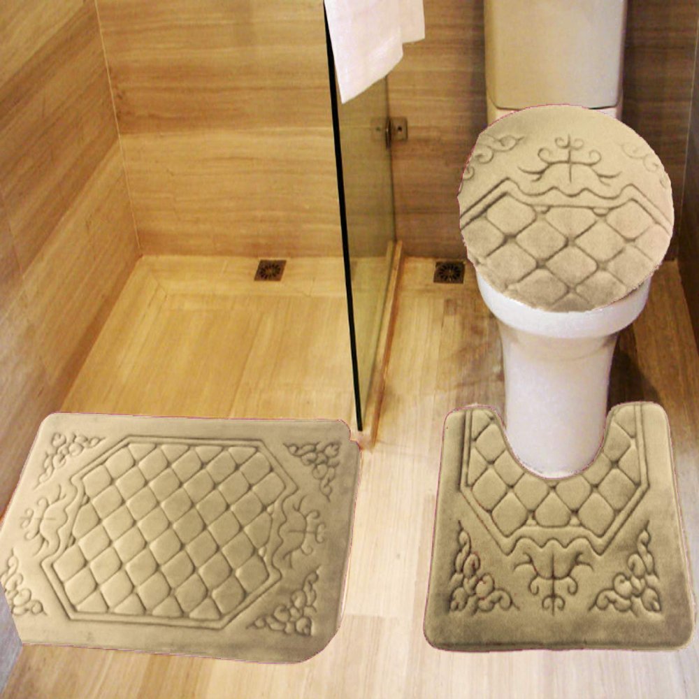 All American Collection 3PC Memory Foam Bath Mats Soft Plush Crown Design Anti-Slip Shower Bathroom Contour Toilet Lid Cover Rugs (Taupe)
