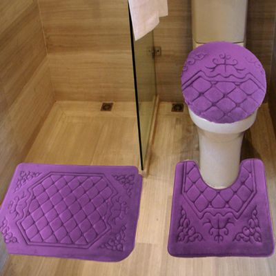 All American Collection 3PC Memory Foam Bath Mats Soft Plush Crown Design Anti-Slip Shower Bathroom Contour Toilet Lid Cover Rugs (Purple)