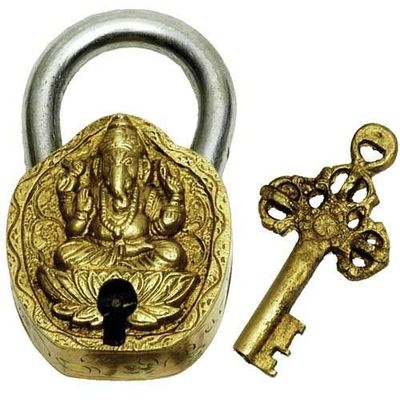 Song of India Brass Art Lock W/Key Ganesha 4.5"