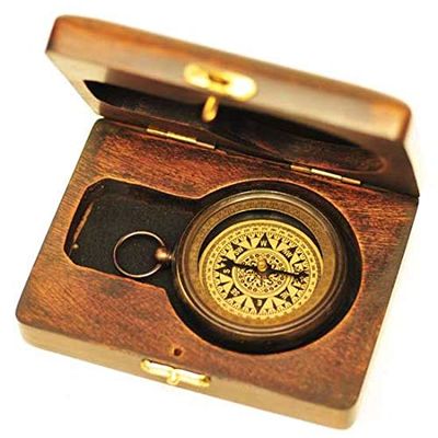 Song of India Brass Compass in Wood Box