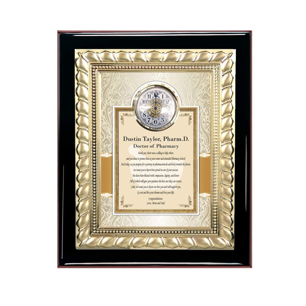 AllGiftFrames Pharmacy Graduation Gifts Graduate Present Pharmacist School Mortar Pestle Students Congratulations Future Desk Wall Plaque Display Poem Engrave Clock Gold Metal Design