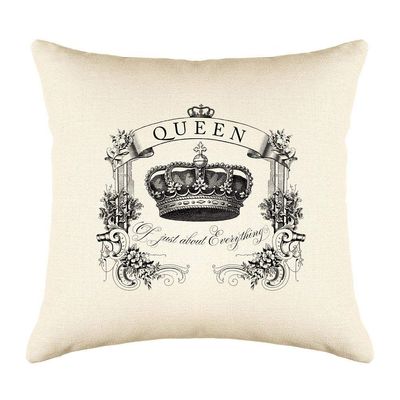 Di Lewis Vintage Throw Pillow Cushion Cover - 20x20 - Decorative Queen of Everything - Woven Cotton Blend - for Couch Bed Sofa Pillows - Linen Cream