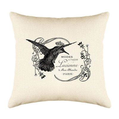 Di Lewis Vintage Throw Pillow Cushion Cover - 20x20 - Decorative French Hummingbird - Woven Cotton Blend - for Couch Bed Sofa Pillows - Linen Cream