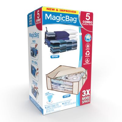 Smart Design MagicBag Instant Space Saver Storage - 1 Jumbo Tote with 4 Large Flat Compression Bags - Airtight Double Zipper - Vacuum Seal - Clothing, Pillows - Home Organization