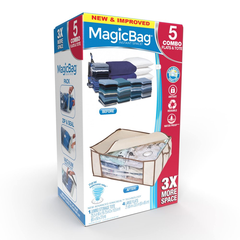 Smart Design MagicBag Instant Space Saver Storage - 1 Jumbo Tote with 4 Large Flat Compression Bags - Airtight Double Zipper - Vacuum Seal - Clothing, Pillows - Home Organization