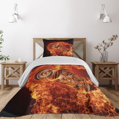 Ambesonne Manly Coverlet, Chopper Bike Bursting Through Fire Motorbike Motorcycle Dangerous Sport Art, 2 Piece Decorative Quilted Bedspread Set with 1 Pillow Sham, Twin Size, Dark Orange Marigold