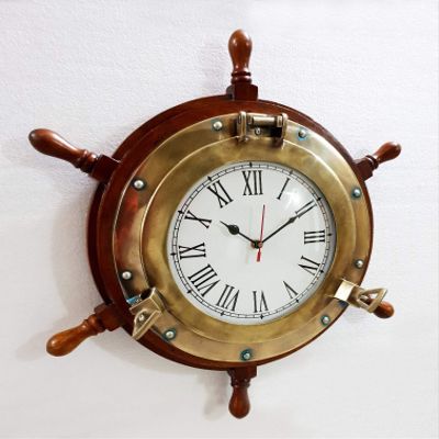 Antique Marine 18" Wooden Ship Wheel Porthole Vintage Clock Nautical Wall Clock Home Decor