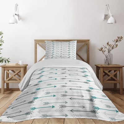 Ambesonne Teal Coverlet, Retro Arrow Pattern in Horizontal Line Heading to Opposite Directions Art Print, 2 Piece Decorative Quilted Bedspread Set with 1 Pillow Sham, Twin Size, Grey Teal White