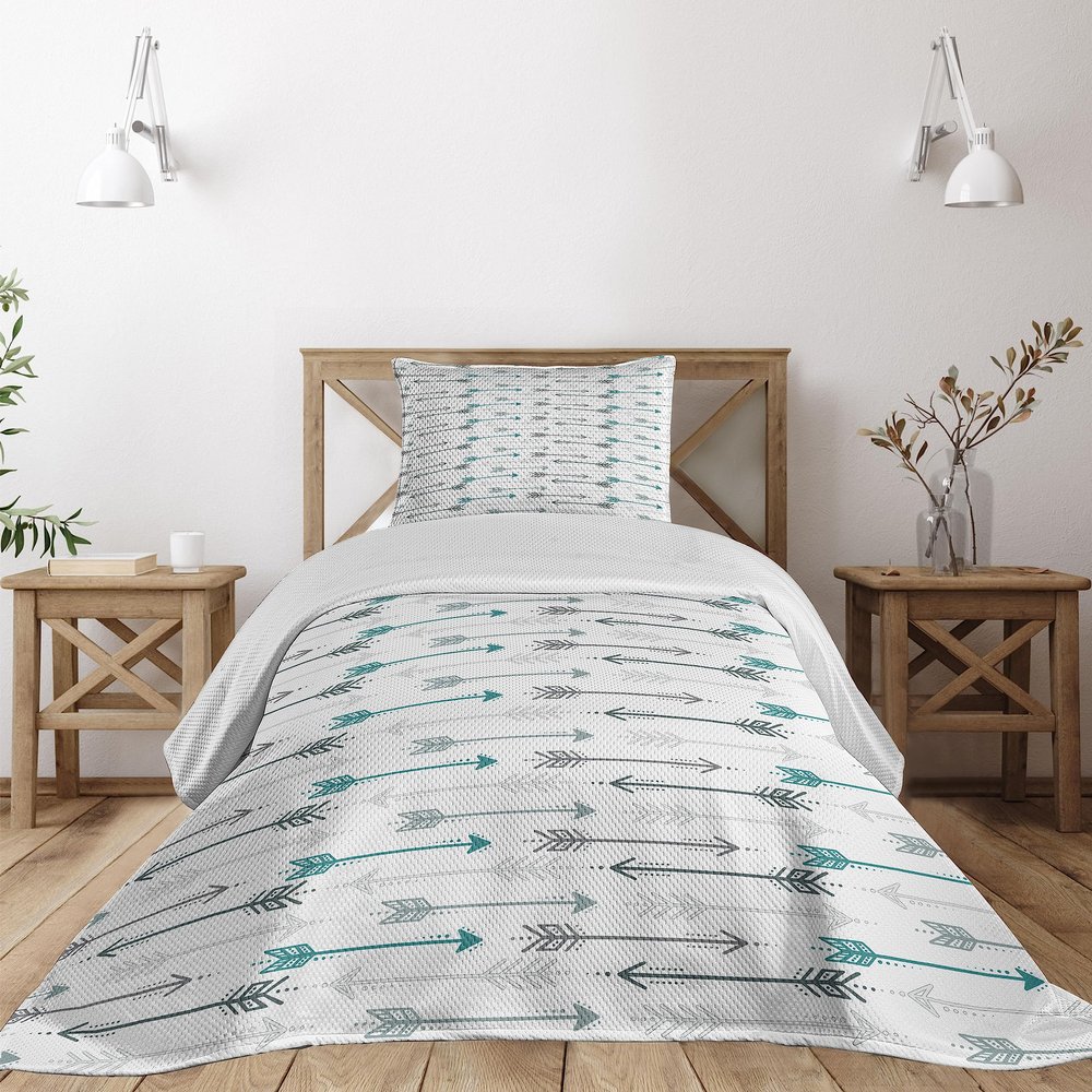 Ambesonne Teal Coverlet, Retro Arrow Pattern in Horizontal Line Heading to Opposite Directions Art Print, 2 Piece Decorative Quilted Bedspread Set with 1 Pillow Sham, Twin Size, Grey Teal White