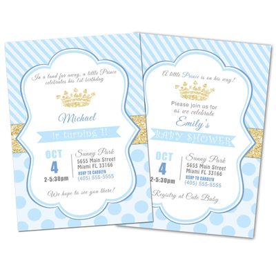 50 Prince Invitations Baby Shower or Birthday Blue Gold Personalized + 50 White Envelopes