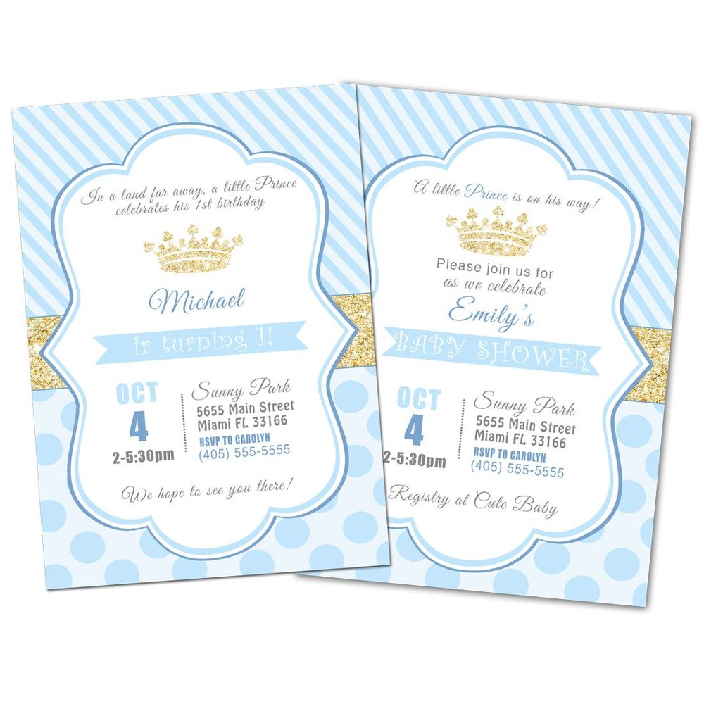50 Prince Invitations Baby Shower or Birthday Blue Gold Personalized + 50 White Envelopes