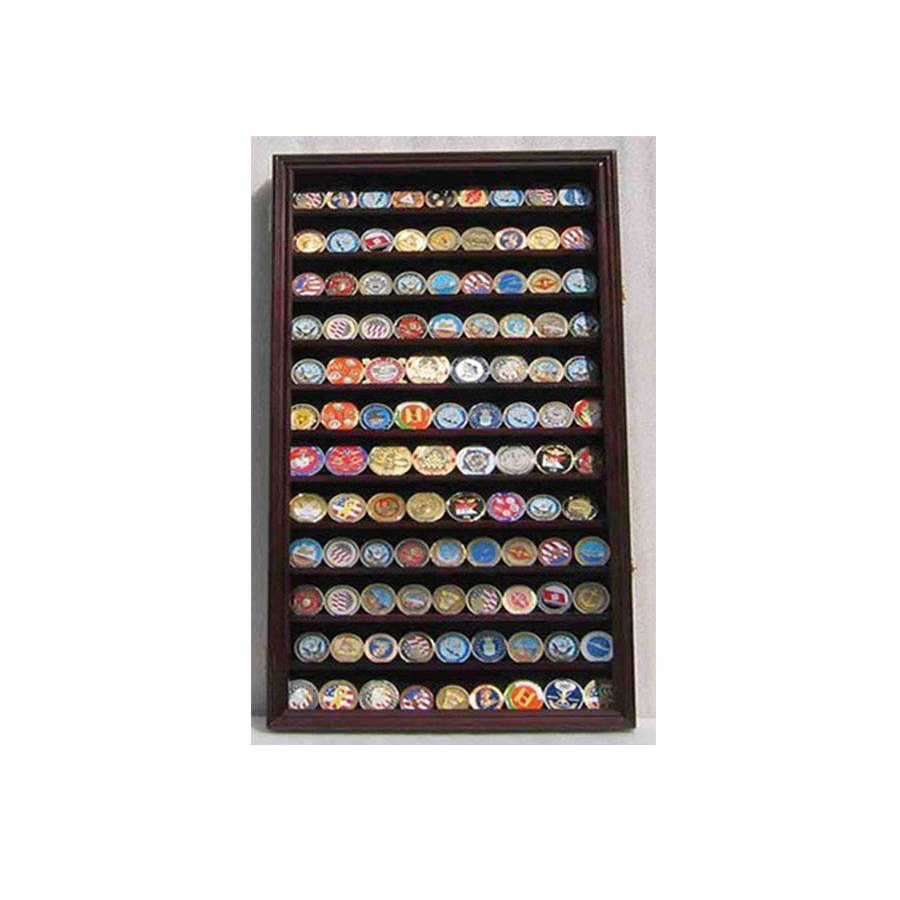 flag connections Lockable Military Challenge Coin Display Case Cabinet Rack Holder, Lockable - Mahogany Finish