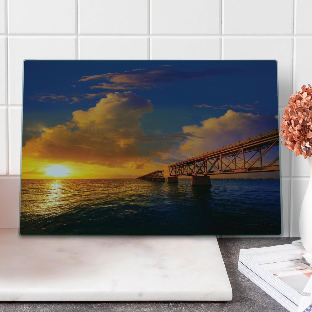 Ambesonne Landscape Cutting Board, Florida Keys Old Bridge Sunset at Bahia Honda Park USA Cloudscape Picture Print, Decorative Tempered Glass Cutting and Serving Board, Large Size, Orange Blue