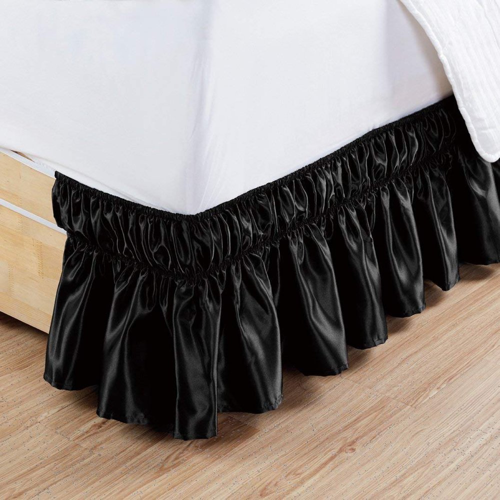 Amuze Bedding Super Soft & Silky Satin 1 PC Elastic Wrap Around Bed Skirt,Drop Length 21 Inches(Black,Twin)