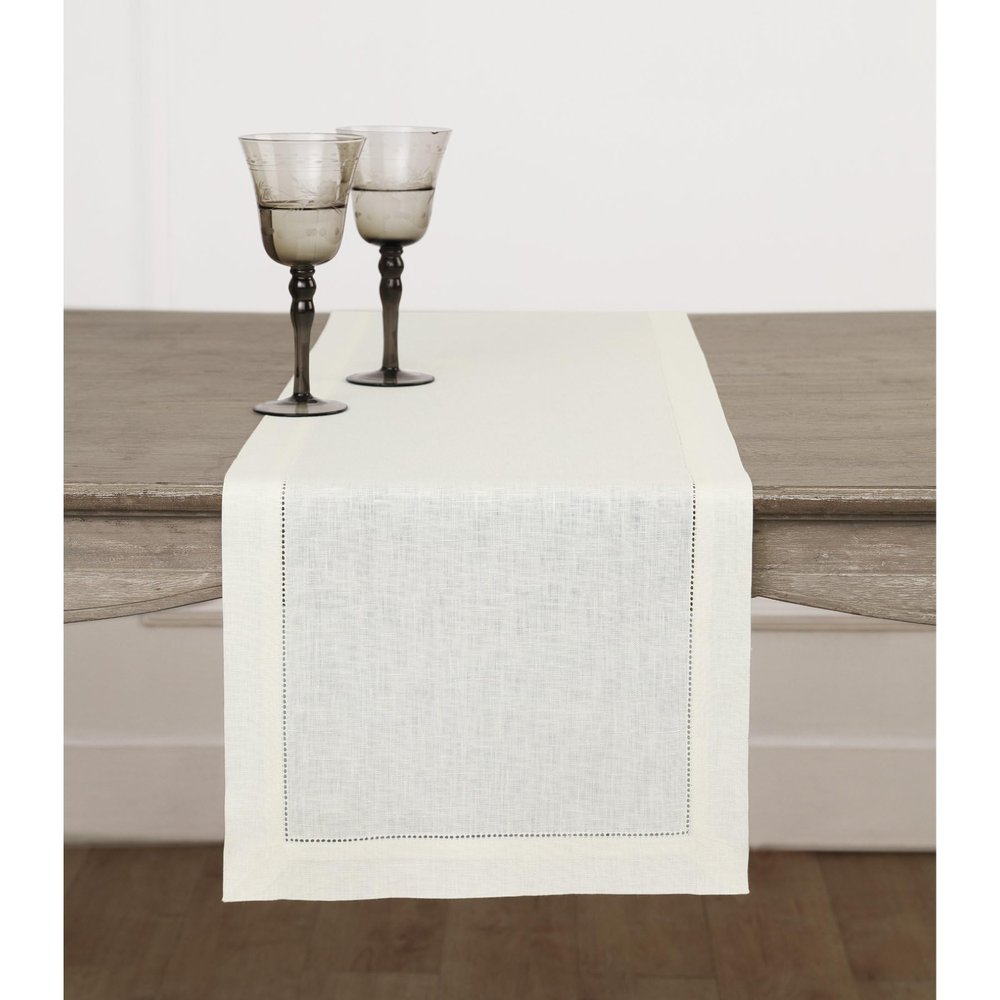 Solino Home Linen Ivory Table Runner 144 Inches Long - 100% Pure Linen Extra Long Table Runner 14 x 144 Inch for Spring, Easter - Classic Hemstitch