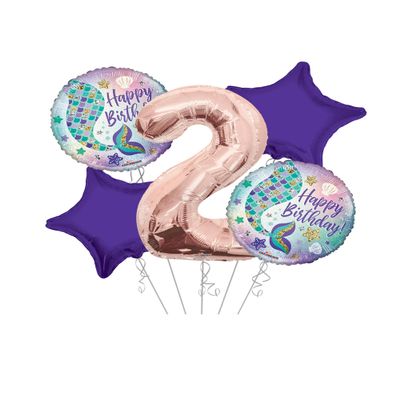 Happy Birthday Mermaid Round Balloon Bouquet 5 pc, 2nd Birthday, Rose Gold Number 2 Jumbo Balloon | Viva Party Balloon Collection