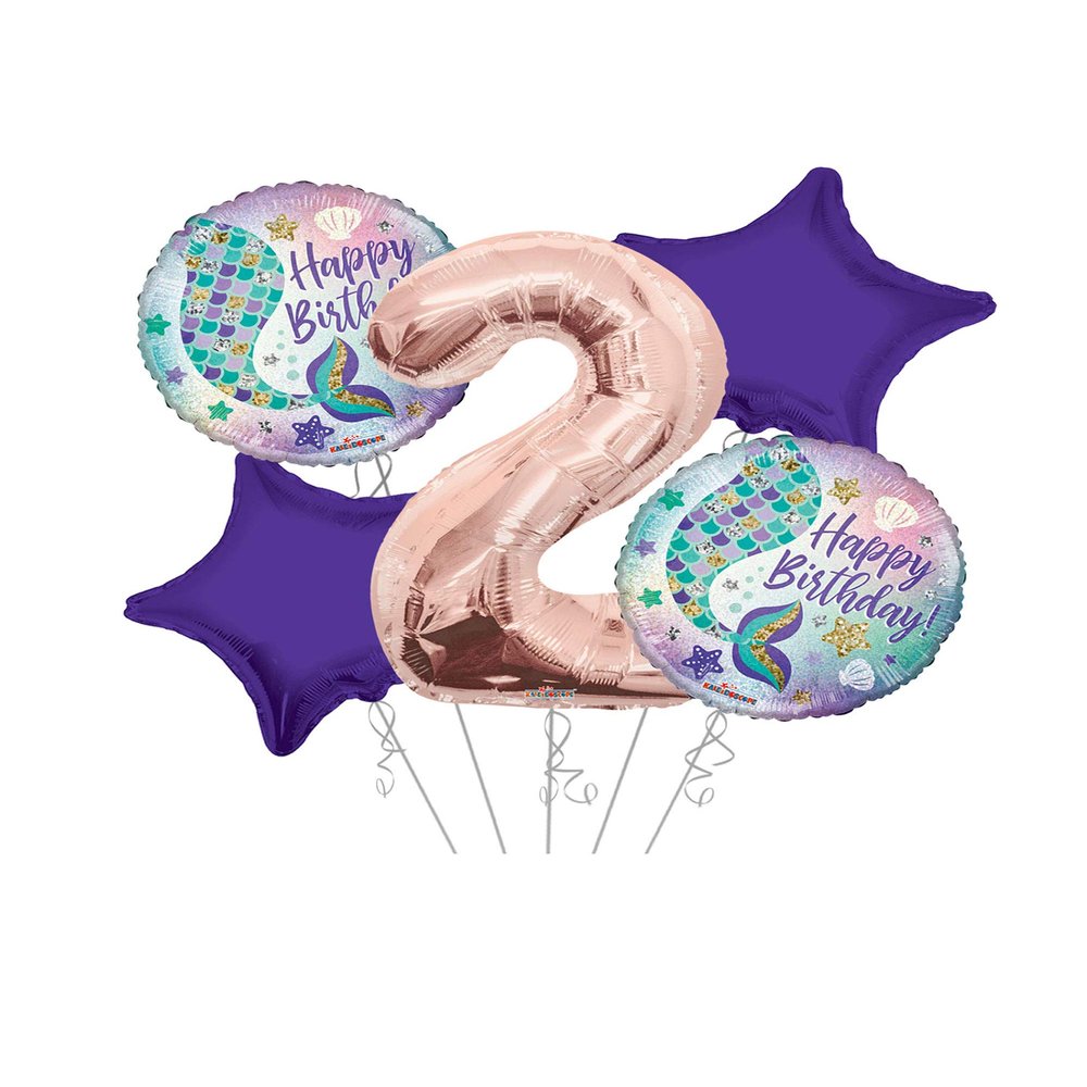 Happy Birthday Mermaid Round Balloon Bouquet 5 pc, 2nd Birthday, Rose Gold Number 2 Jumbo Balloon | Viva Party Balloon Collection