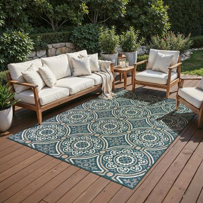 Oriental Weavers Latitude Indoor/Outdoor Rug - 609B3-3'3" x 5' - in Teal/Grey - Classic Casual Style, Water, Stain and Fade Resistant, Hose Clean, Patio, Outdoor Living Area Rug
