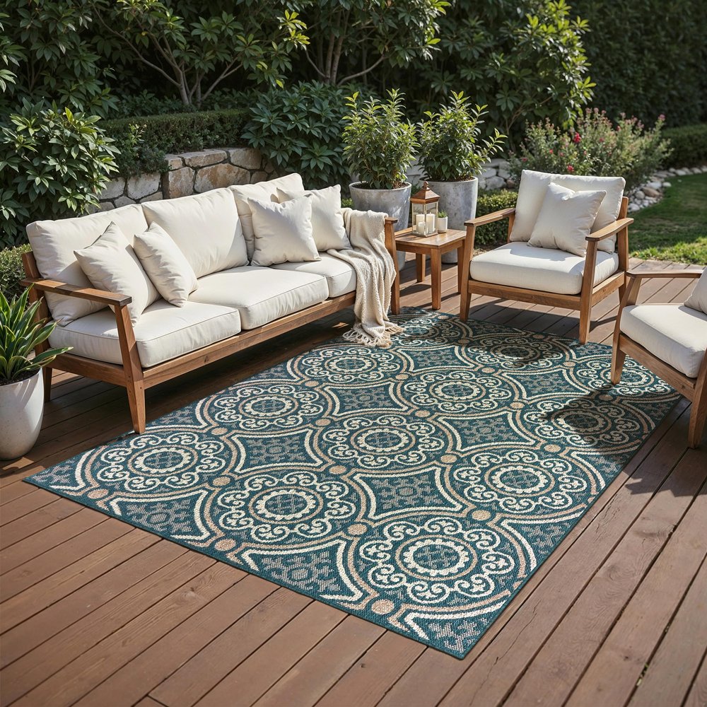 Oriental Weavers Latitude Indoor/Outdoor Rug - 609B3-3'3" x 5' - in Teal/Grey - Classic Casual Style, Water, Stain and Fade Resistant, Hose Clean, Patio, Outdoor Living Area Rug