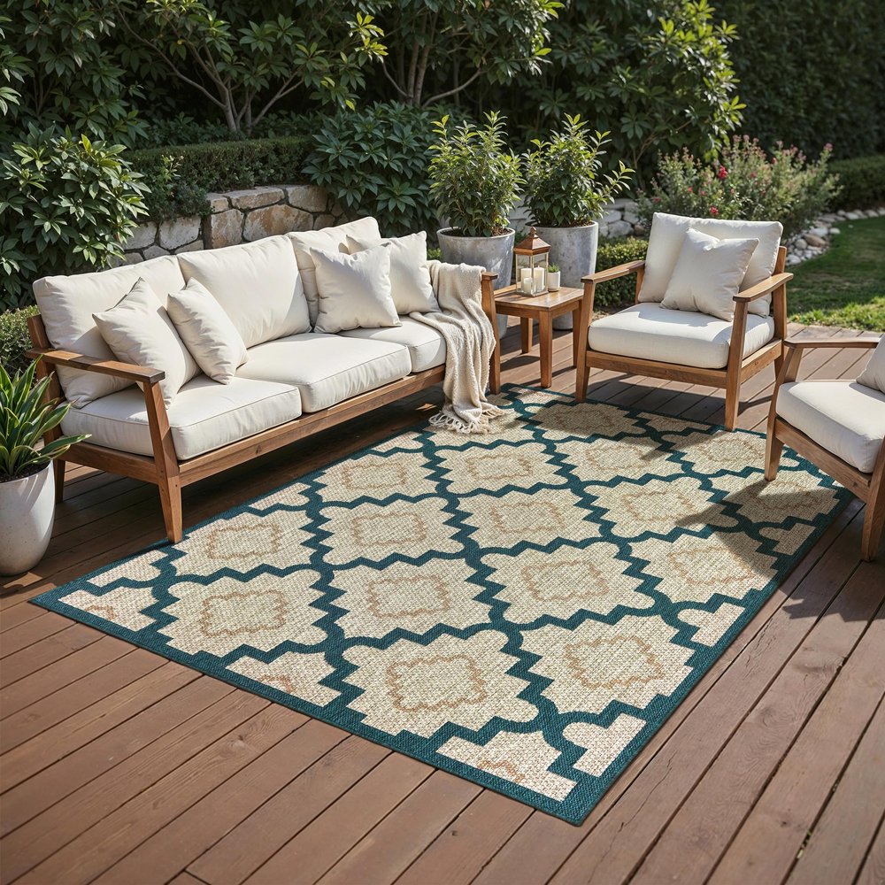 Oriental Weavers Latitude Indoor/Outdoor Rug - 804I3-3'3" x 5' - in Grey/Teal - Moroccan Style, Water, Stain and Fade Resistant, Hose Clean, Patio, Outdoor Living Area Rug