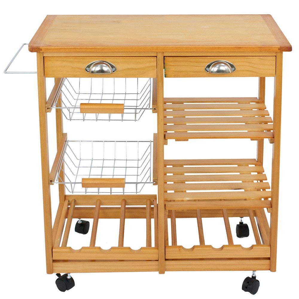 Thaweesuk Shop Stainless Steel Baskets Kitchen Cart Island Rolling Home Dining Wooden Trolley Storage Modern Cabinet 26.5"x14.75"x29.5" (LxWxH) of Set