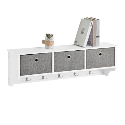 SoBuy Wall Shelf with Hooks, Coat Rack Wall Mounted with Shelf, Entryway Wall Cubby Storage Cabinet Unit with 3 Baskets 5 Hooks, Wihte, FRG282-W