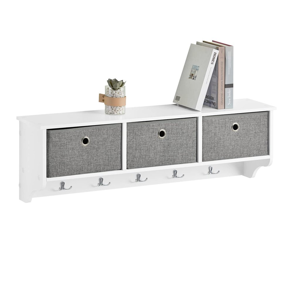 SoBuy Wall Shelf with Hooks, Coat Rack Wall Mounted with Shelf, Entryway Wall Cubby Storage Cabinet Unit with 3 Baskets 5 Hooks, Wihte, FRG282-W