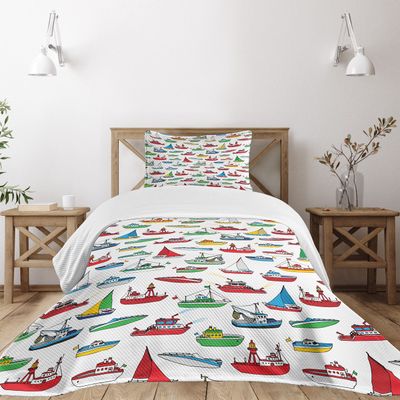 Ambesonne Nautical Bedspread Set, Bunch of Colorful Vessel Speedboat Fishing Trawler Motorboat Water Vehicle Concept, 3 Piece Decorative Bedding Coverlet and 2 Pillow Shams, Twin Size, Yellow Red