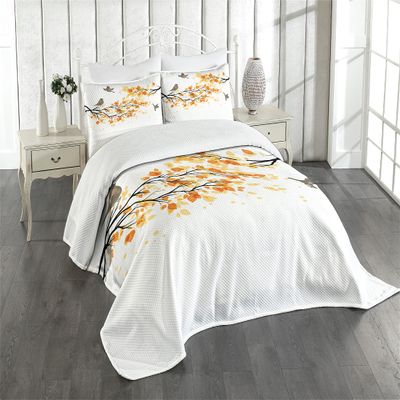 Ambesonne Fall Bedspread, Branch Pale Autumn Leaves and Birds Natural Change in Season Summertime Print, Decorative Quilted 3 Piece Coverlet Set with 2 Pillow Shams, Queen Size, Yellow Cream