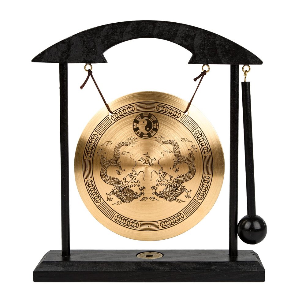 Mose Cafolo Zen Art Table Brass Gong Feng Shui Desk Gong for Home Decor Dragon with Taiji Symbols Meditation, Housewarming, and Blessing Gift