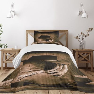 Ambesonne Western Bedspread Set, Wild West Themed Cowboy Hat and Old Ranching on Wooden Display Rodeo Cowboy Style, 3 Piece Decorative Bedding Coverlet and 2 Pillow Shams, Twin Size, Dark Brown