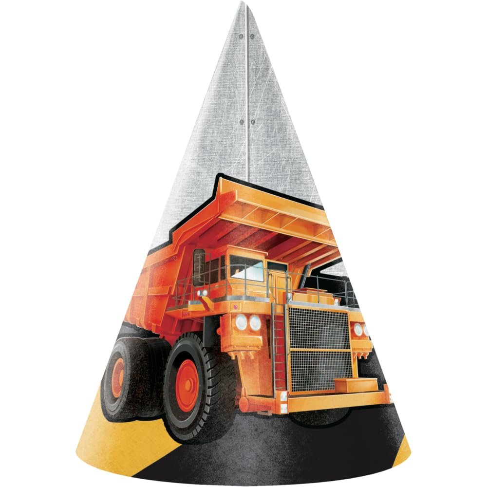 Creative Converting Construction Truck Printed Kiddie Cone Hats - 8pcs