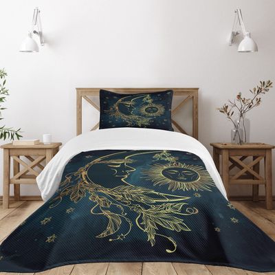 Ambesonne Psychedelic Bedspread Set, Crescent Moon with Boho Feathers Alchemy Magic Egyptian Myth Design, 3 Piece Decorative Bedding Coverlet and 2 Pillow Shams, Twin Size, Yellow Petrol Blue