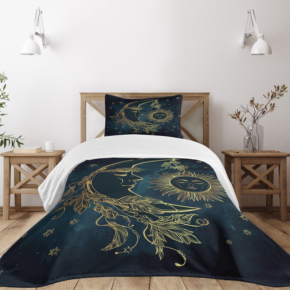 Ambesonne Psychedelic Bedspread Set, Crescent Moon with Boho Feathers Alchemy Magic Egyptian Myth Design, 3 Piece Decorative Bedding Coverlet and 2 Pillow Shams, Twin Size, Yellow Petrol Blue