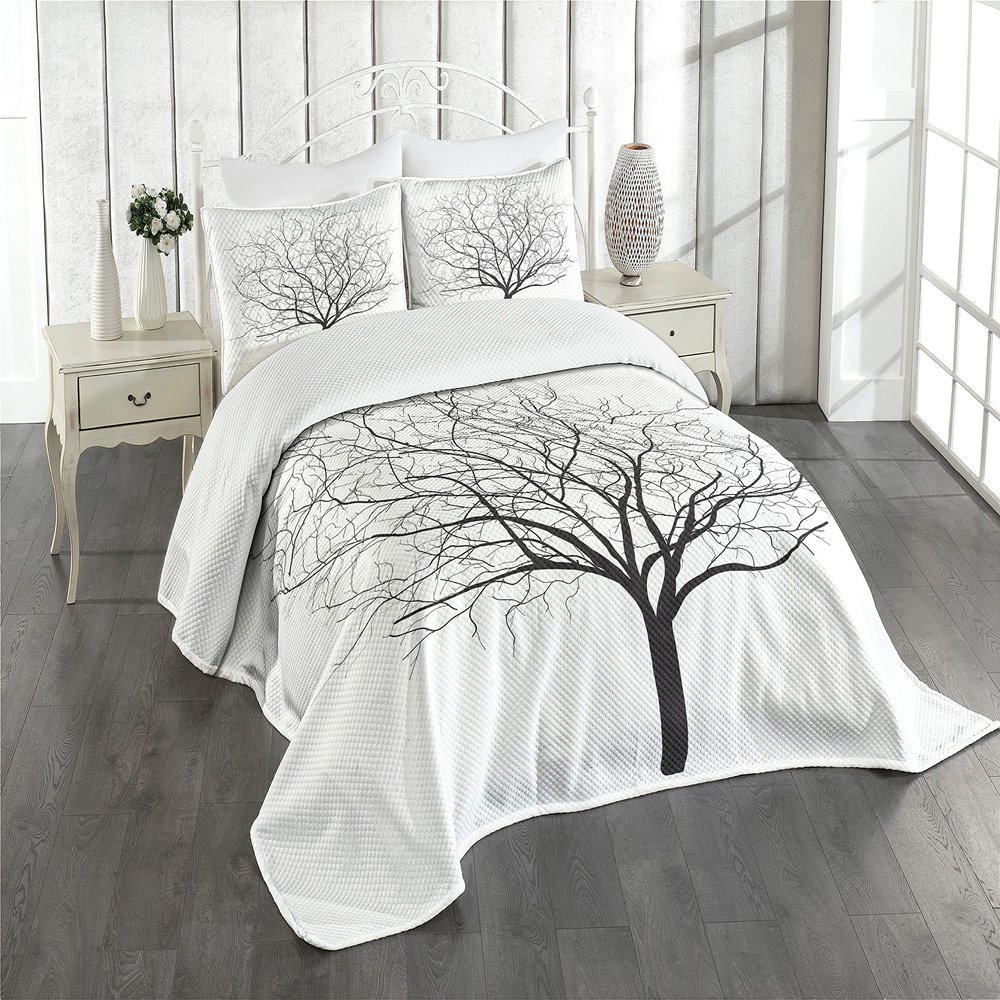 Ambesonne Tree Bedspread Set, Old Withered Oak Crown Without Leaves Tree Branches Rustic Theme Illustration, 3 Piece Decorative Bedding Coverlet and 2 Pillow Shams, Queen Size, Charcoal Grey White