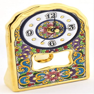 ART ESCUDELLERS Clock/Wall Clock Model 03, Decorative Ceramic Clock for Hanging Handpainted with The Dry Rope (cuerda seca) Technique Gold of 24 K (Carat). 4,53" x 7,28" x 1,57"