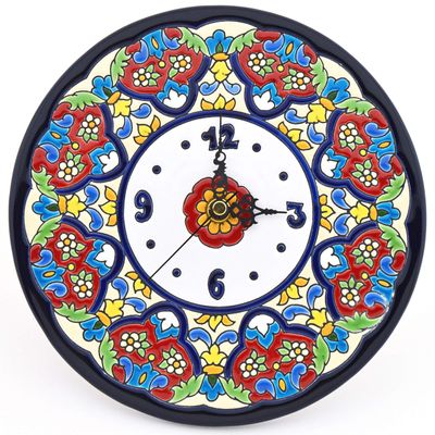 ART ESCUDELLERS Clock/Wall Clock Model 14, Decorative Ceramic Clock for Hanging Handpainted with The Dry Rope (cuerda seca) Technique Blue. 21,5cm Diameter (11,42").