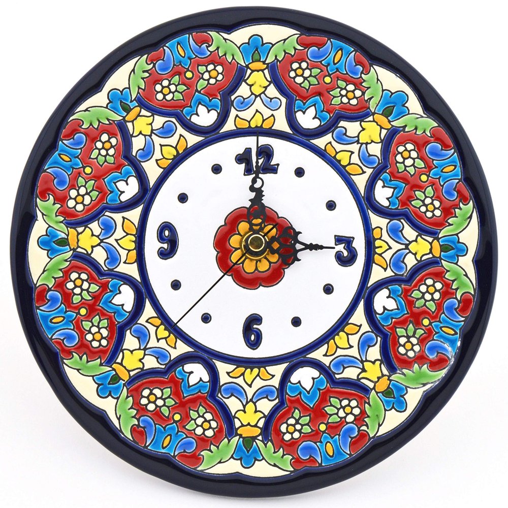 ART ESCUDELLERS Clock/Wall Clock Model 14, Decorative Ceramic Clock for Hanging Handpainted with The Dry Rope (cuerda seca) Technique Blue. 21,5cm Diameter (11,42").