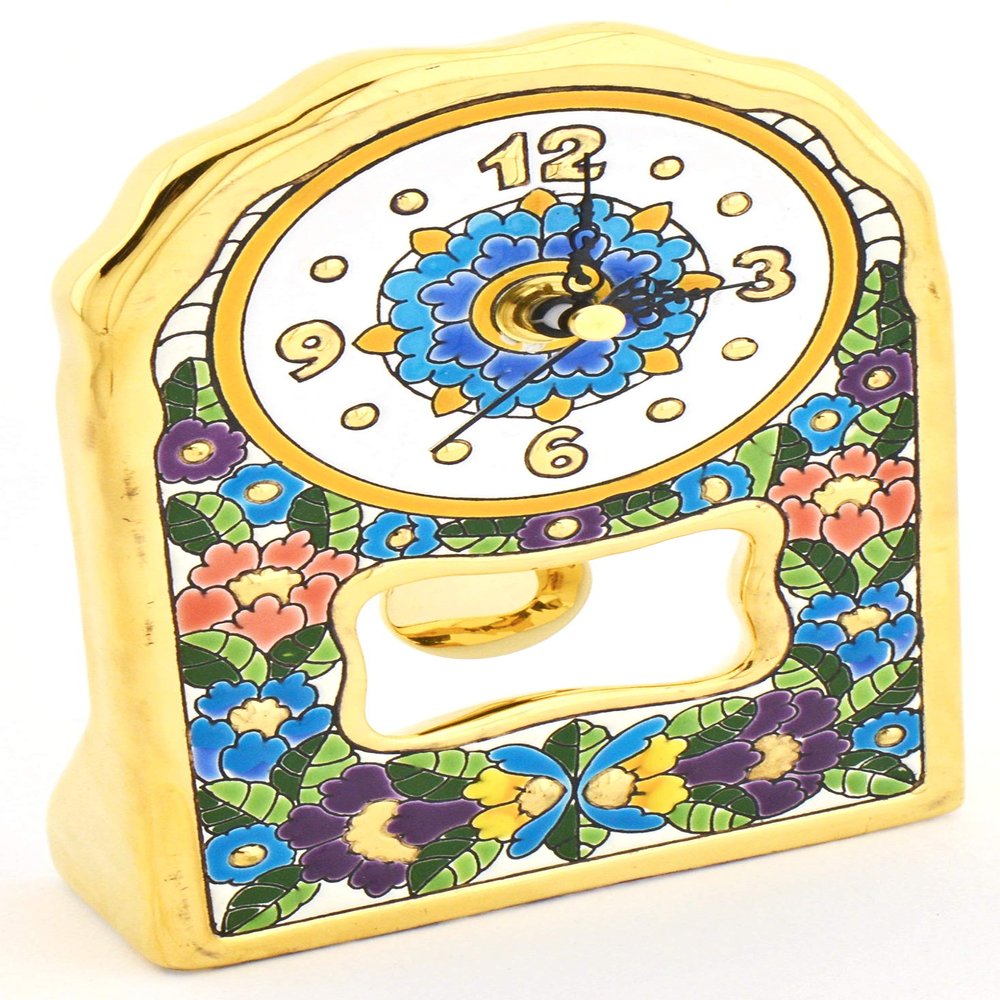 ART ESCUDELLERS Clock/Wall Clock Model 01, Decorative Ceramic Clock for Hanging Handpainted with The Dry Rope (cuerda seca) Technique Gold of 24 K (Carat). 4,53" x 7,28" x 1,57"