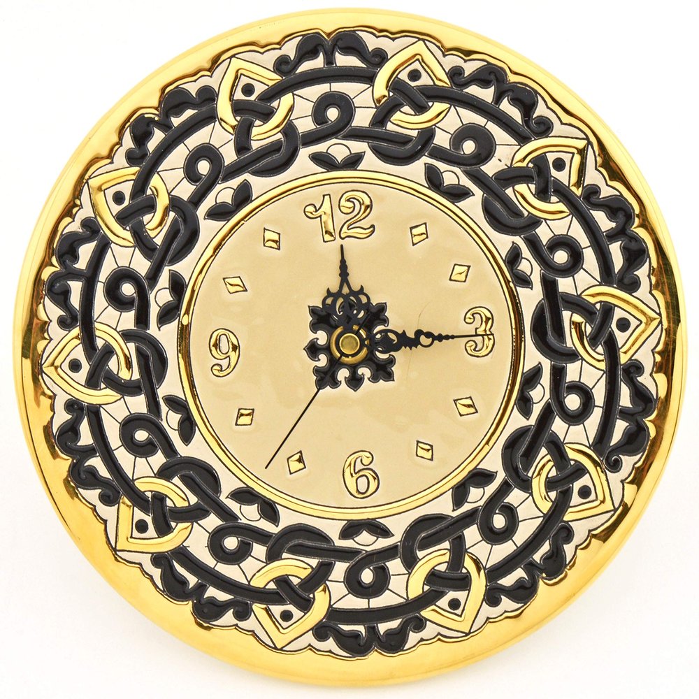 ART ESCUDELLERS Clock/Wall Clock Model 16, Decorative Ceramic Clock for Hanging Handpainted with The Dry Rope (cuerda seca) Technique Gold of 24 K (Carat). 24cm Diameter (9,45").