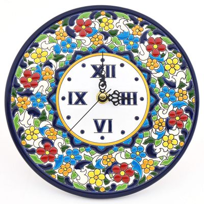 ART ESCUDELLERS Clock/Wall Clock Model 02, Decorative Ceramic Clock for Hanging Handpainted with The Dry Rope (cuerda seca) Technique Blue. 21,5cm Diameter (11,42").