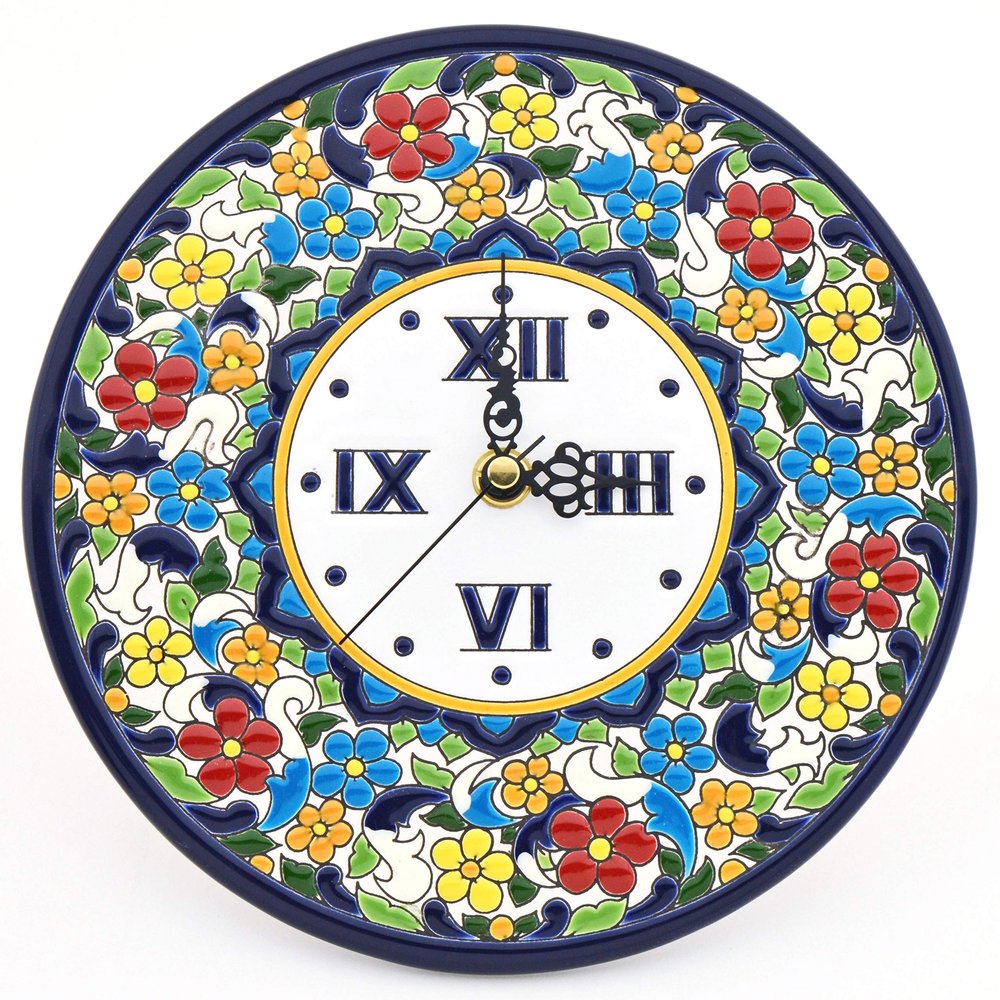 ART ESCUDELLERS Clock/Wall Clock Model 02, Decorative Ceramic Clock for Hanging Handpainted with The Dry Rope (cuerda seca) Technique Blue. 21,5cm Diameter (11,42").