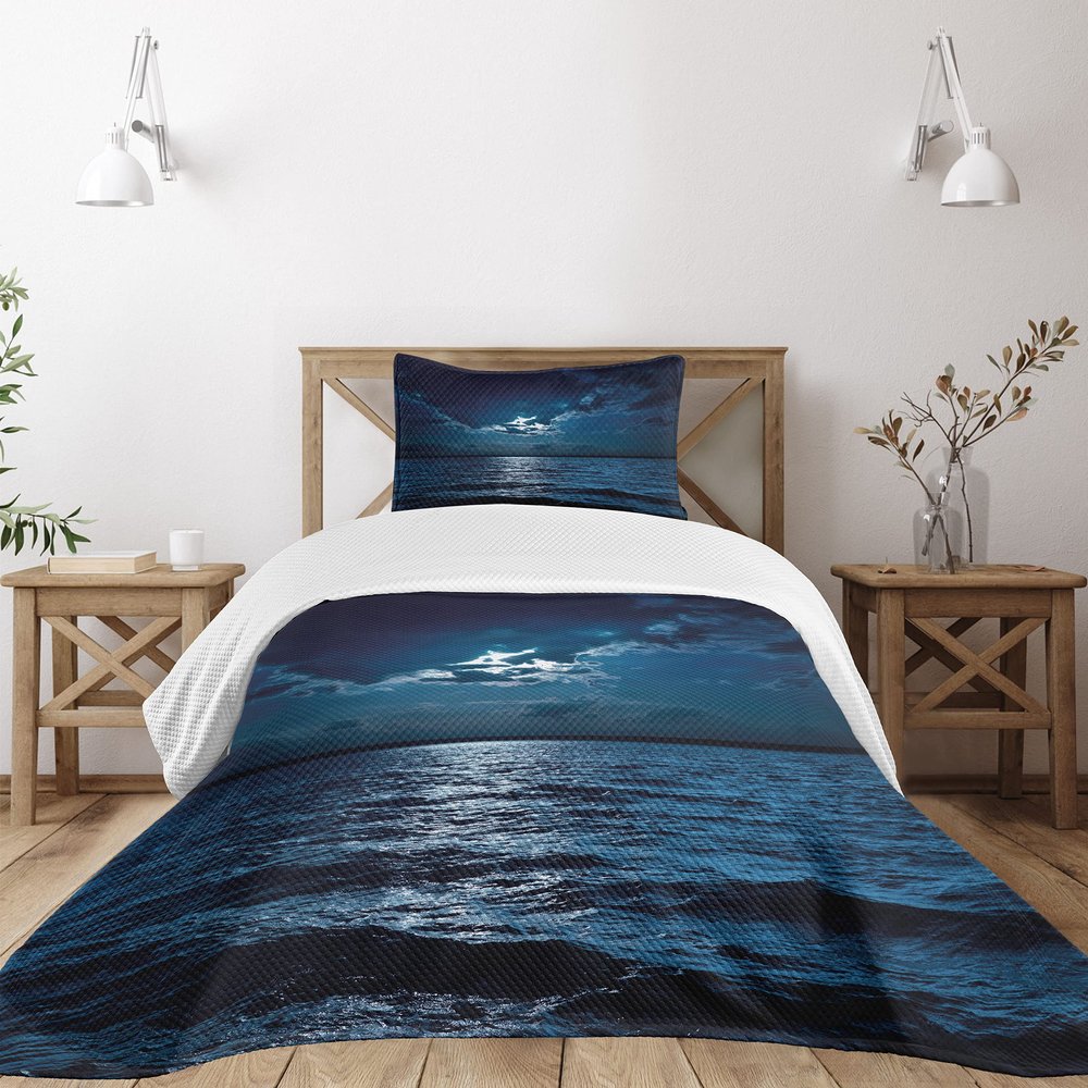 Ambesonne Night Bedspread Set, Majestic Dramatic Sky Clouds and Full Moon Over Seascape Calm Tranquil Ocean, 3 Piece Decorative Bedding Coverlet and 2 Pillow Shams, Twin Size, Dark Blue White