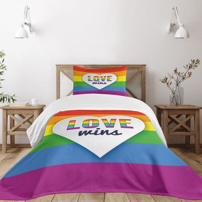 Ambesonne Pride Bedspread Set, Rainbow Flag with Stripes Heart with Love Wins Text LGBT Culture Colorful, 3 Piece Decorative Bedding Coverlet and 2 Pillow Shams, Twin Size, Purple Red